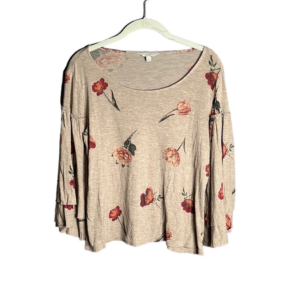 Lucky Brand Tan Floral Print With Gold Metallic Detailing Bell Sleeves Small